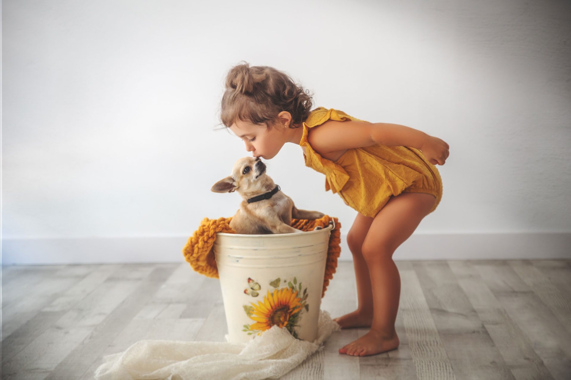 Niña pequeña y su perrito en cesta en estudio fotográfico en Bizkaia